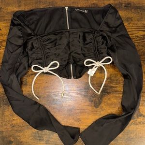 Pretty Little Thing Zip-Up Black Long-Sleeve with Gemstone Bow Detail, XS 0-2